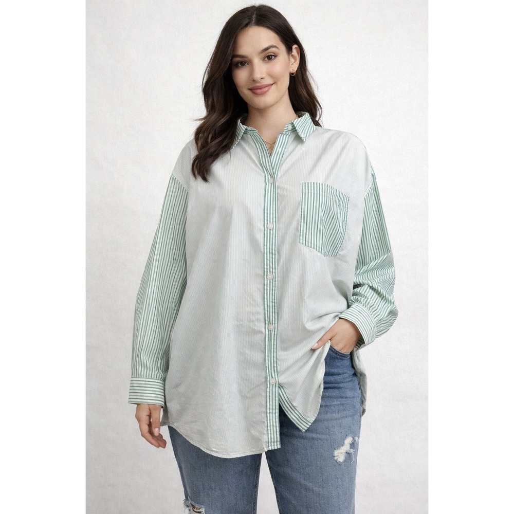 American Eagle Oversize Button Down Shirt Green White Contrast Stripe XXL Cotton